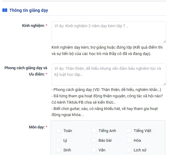 Các môn học và khu vực gia sư đăng ký nhận lớp dạy kèm