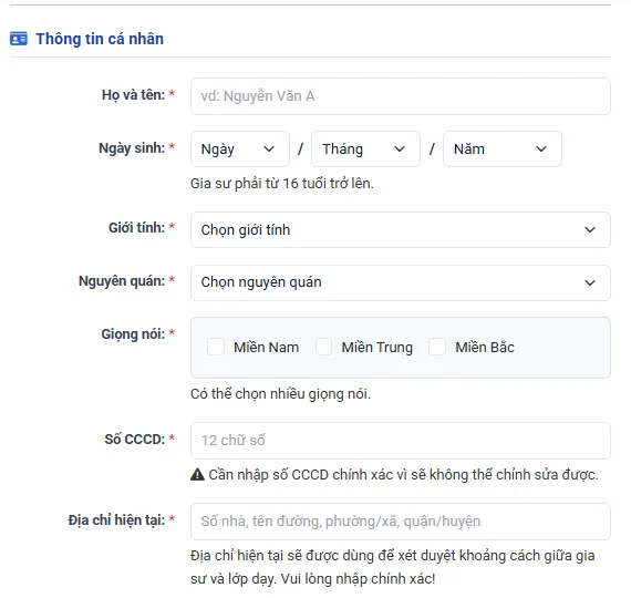 Thông tin cá nhân hồ sơ gia sư