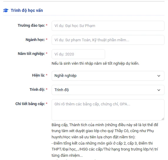 Trình độ học vấn của gia sư dạy kèm