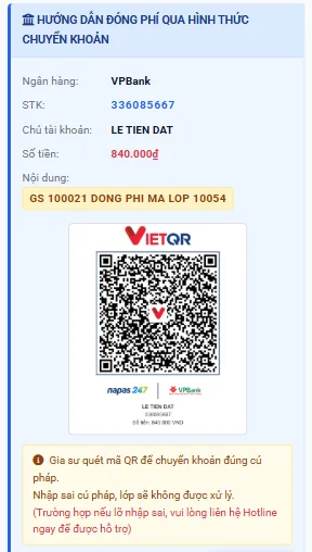 Chuyển khoản nhận lớp online - bằng mã QR