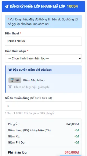 Form đăng ký nhận lớp dạy kèm tại nhà