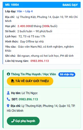 Thông tin liên hệ Phụ huynh học sinh của lớp dạy kèm trong hồ sơ gia sư