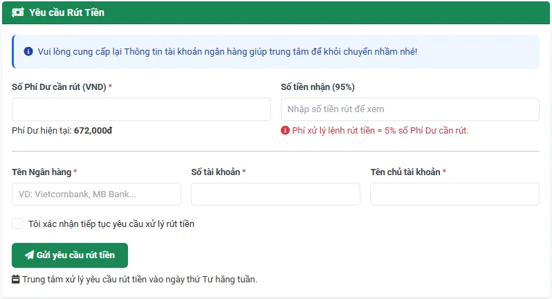Điền thông tin tài khoản ngân hàng và số tiền cần rút