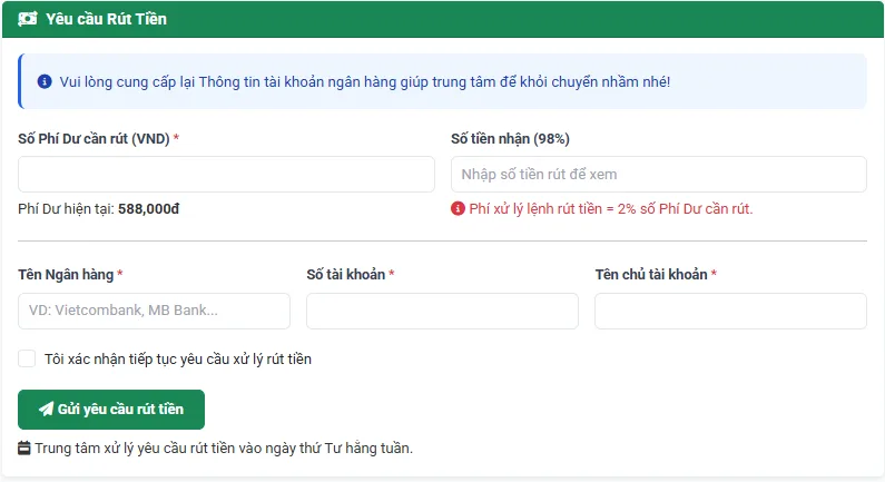 Gửi yêu cầu rút tiền gia sư Ánh Sao