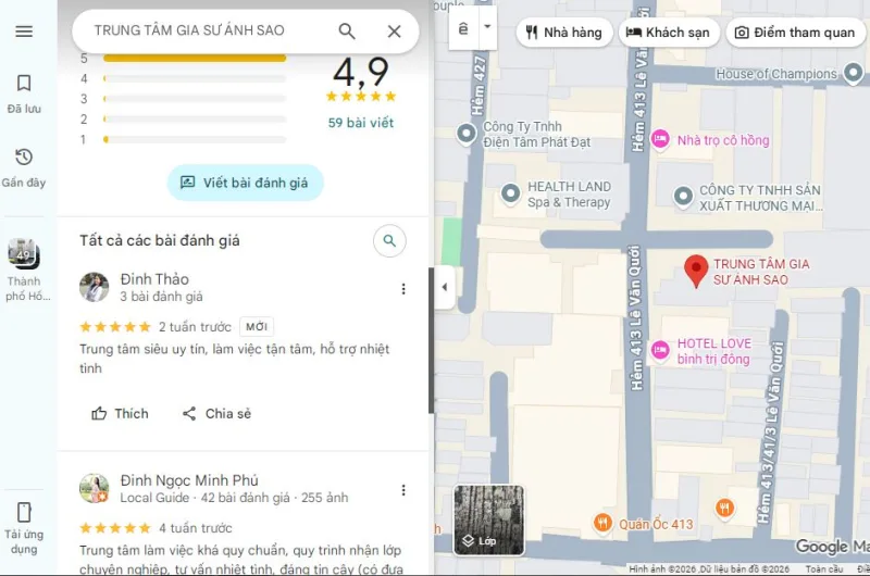 Google Maps trung tâm gia sư dạy kèm Ánh Sao uy tín