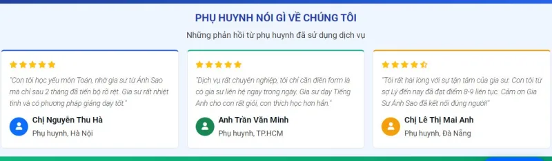 phụ huynh đánh giá review trung tâm gia sư Ánh Sao
